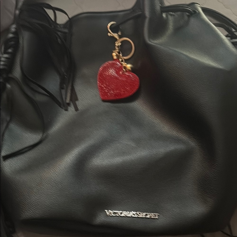 Victoria's Secret Black Backpack with Red Heart Charm